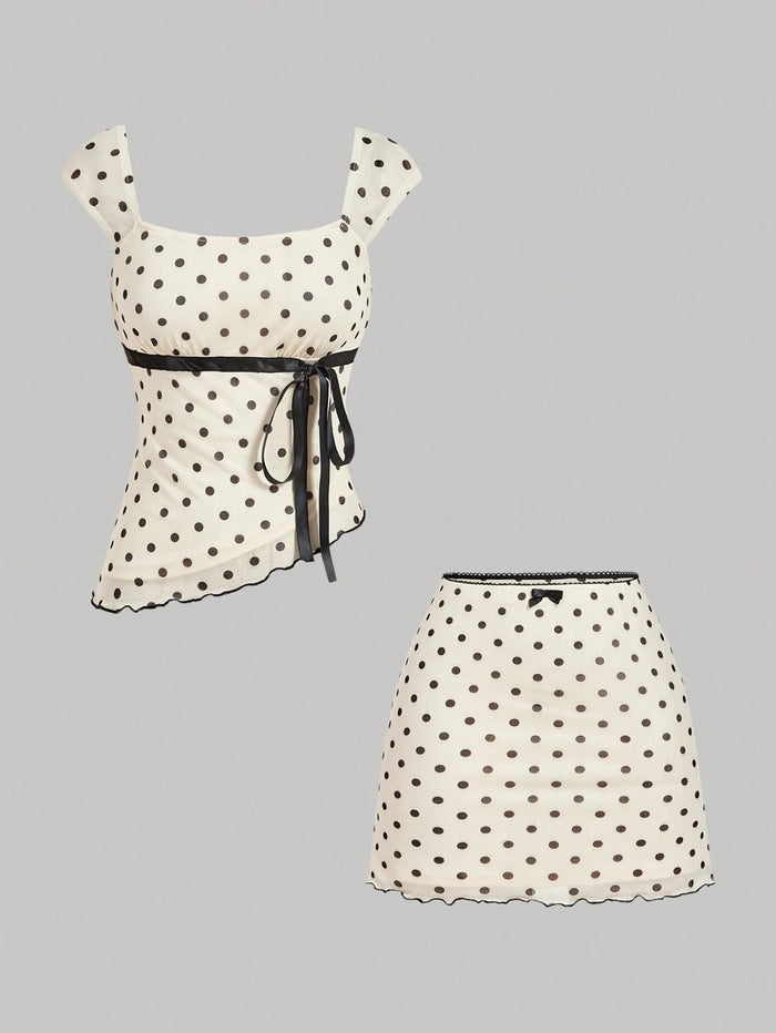 Asymmetric Hem Top & Mini Skirt With Polka Dot
