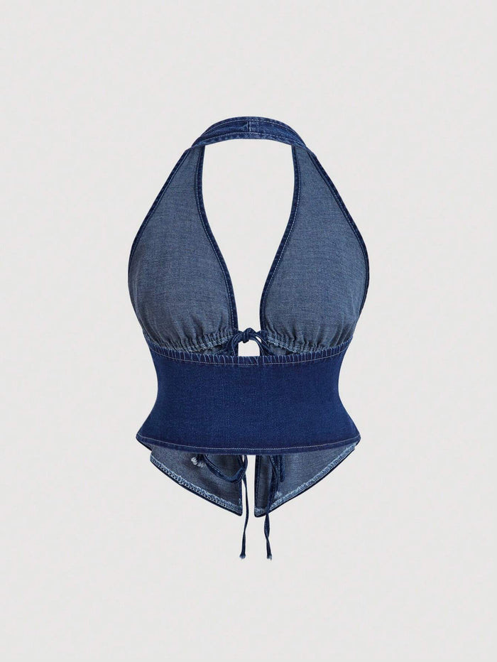 Dark Wash Denim Halter Lace-Up Crop Top for Women