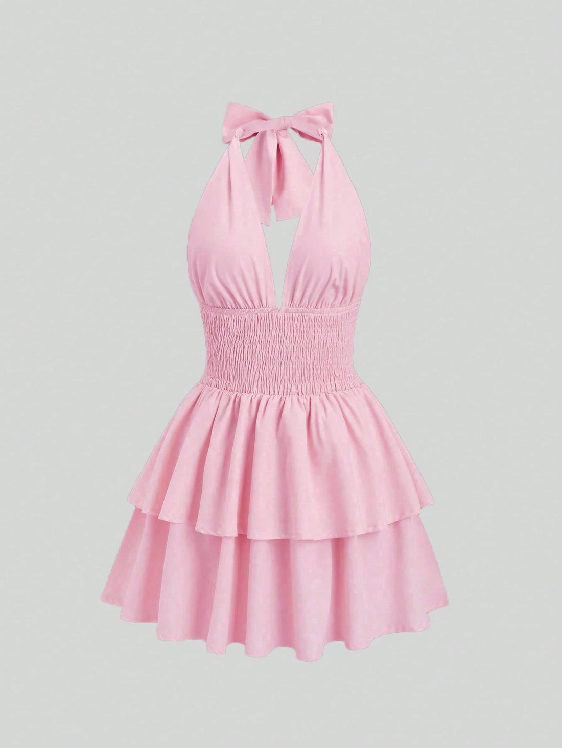 Baby Pink Halter Mini Dress for Women – Smocked Waist Tiered Flare Dress