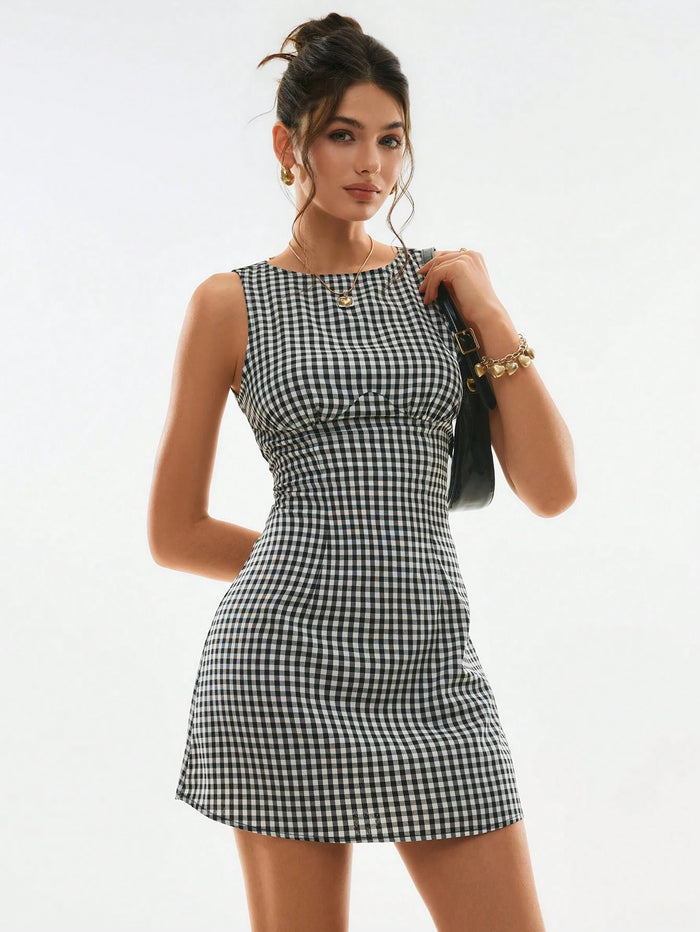 Black Plaid Backless Mini Dress