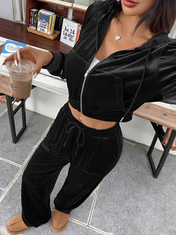 Set Of 2- Black hoodie zip up jacket with pants.
