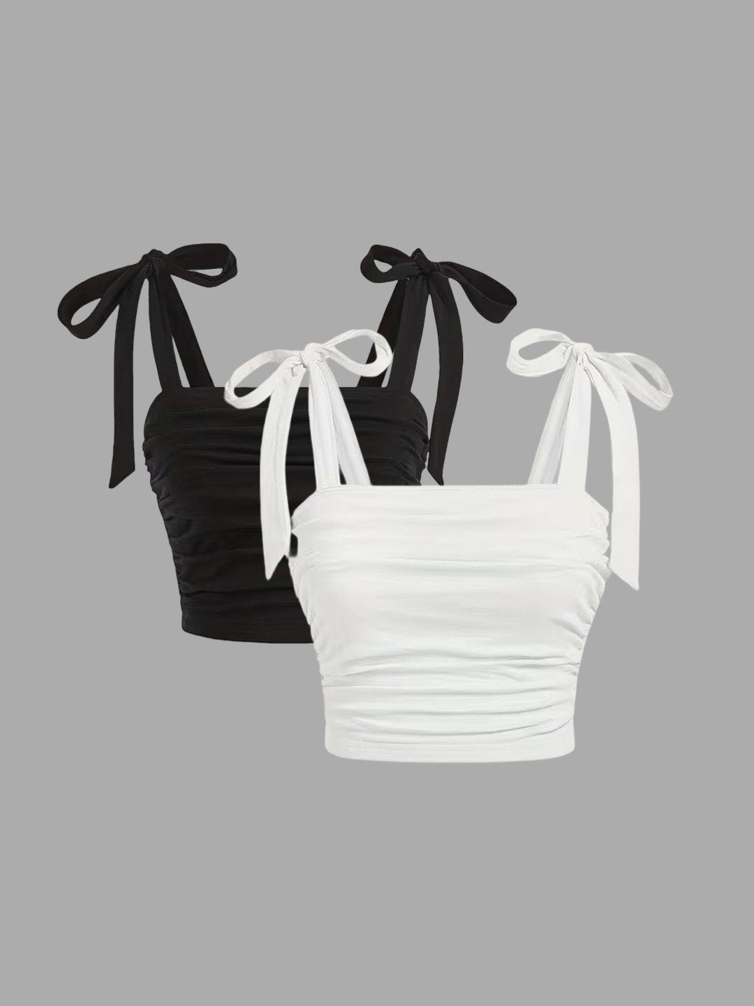 Women's Ruched Tie Strap Crop Top – Bow Shoulder Sleeveless Stretch Top (Black & White)