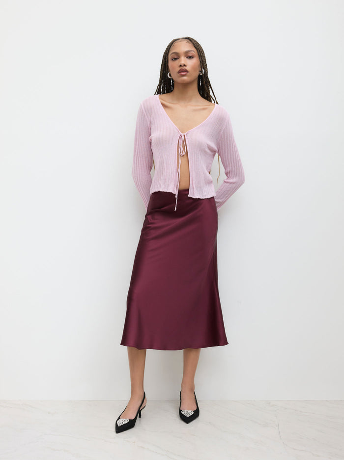 Burgundy Satin Midi Slip Skirt