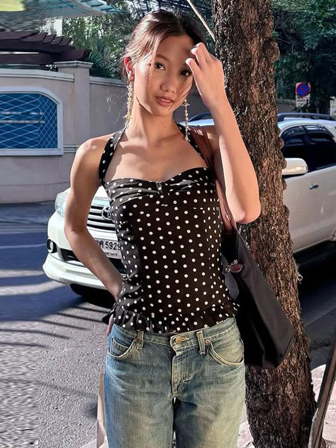 Black Polka Dot Halter Neck Bustier Peplum Top
