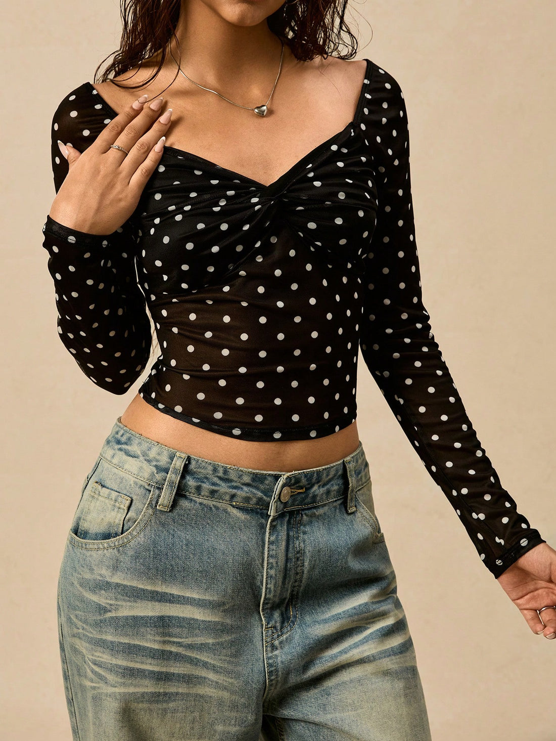 Women Black Polka Dot Twist Front Mesh Crop Top with Full Sleeves