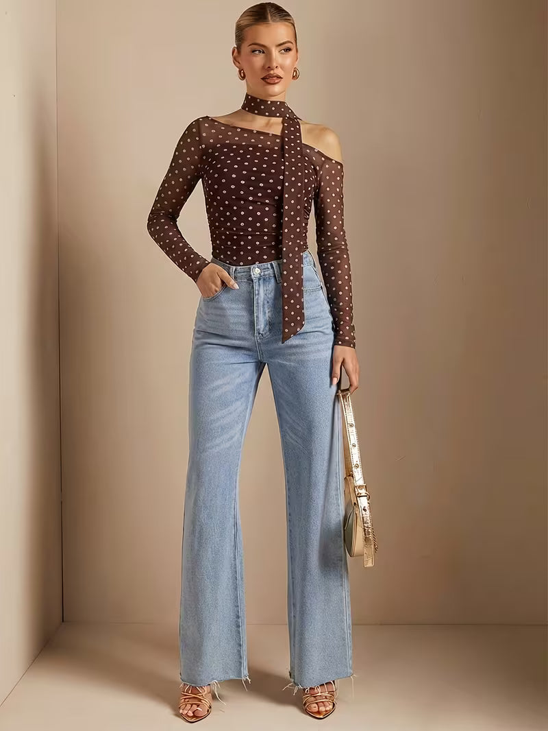 Brown Polka Dot One Shoulder Mesh Top with Scarf Tie for Women