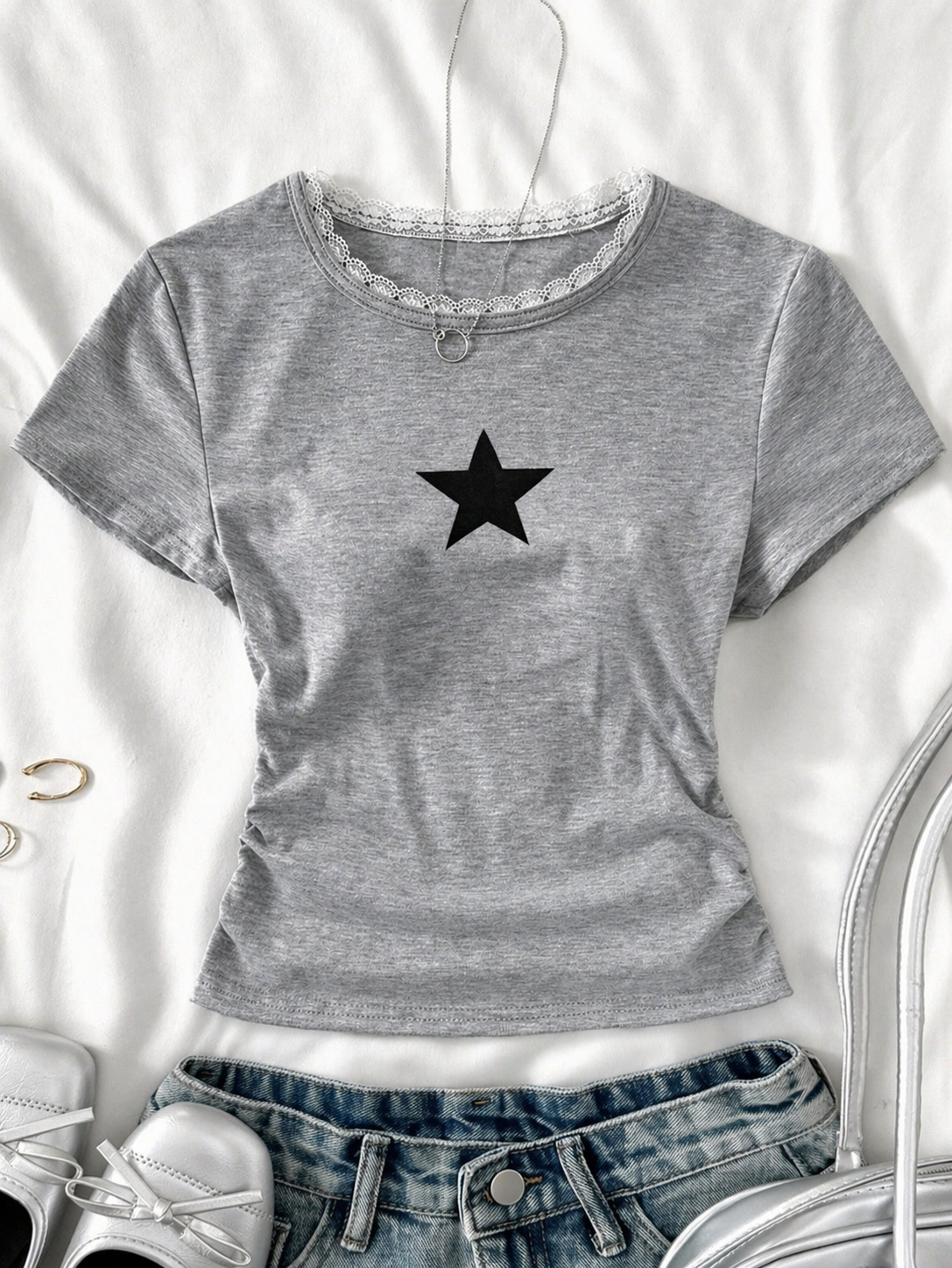 Star Print Lace-Trim Tee