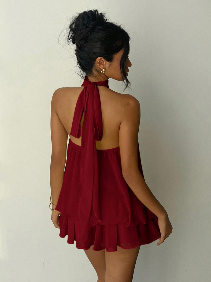 Wine Halter Neck Layered Mini Dress