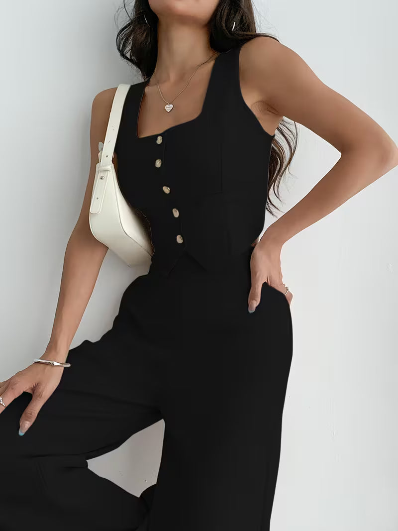 Women's Black Button-Front Sleeveless Wide-Leg Jumpsuit