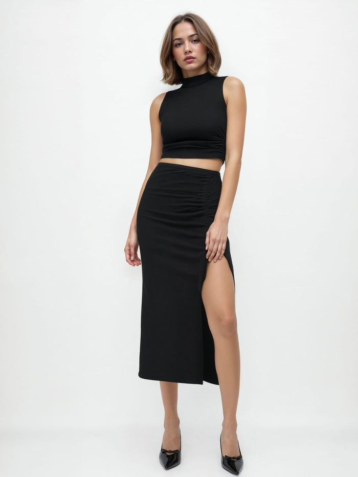 Set of 2: Ruched Tank Top & Knotted Ruched Split Maxi Skirt