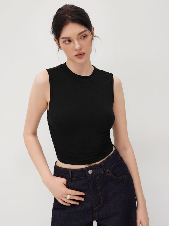 Pack Of 2: Round Neck Solid Ruched Crop Tank Top