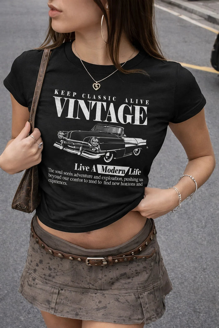 Black Vintage Car Graphic Crop T-Shirt