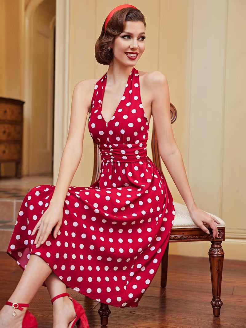 Red Polka Dot Halter Neck Backless Midi Dress for Women