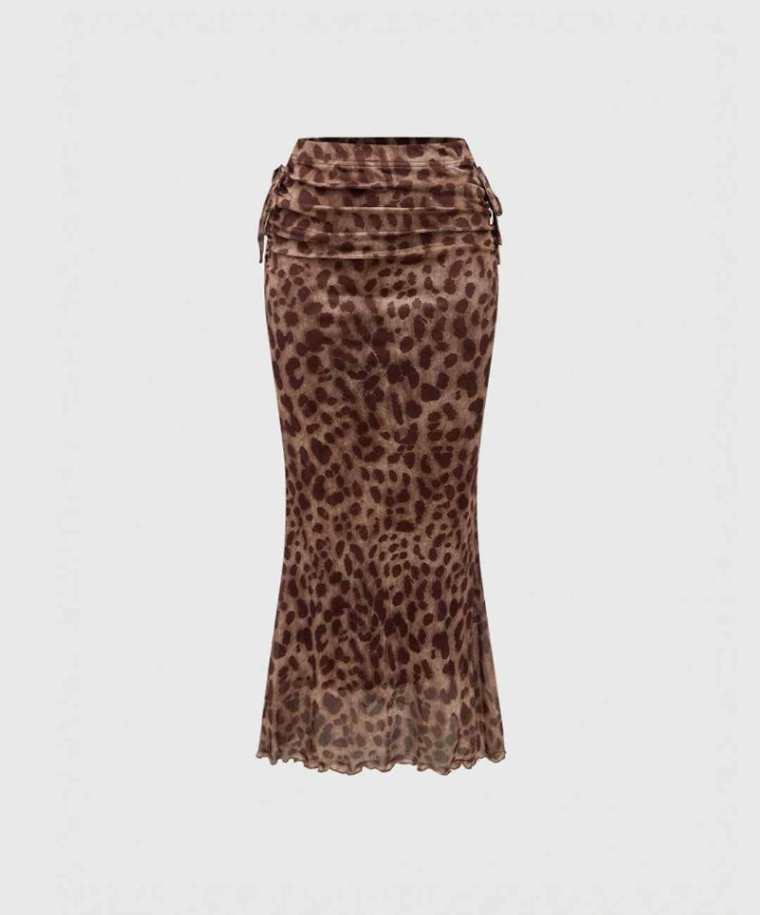 Leopard Print Ruched Mesh Maxi Skirt