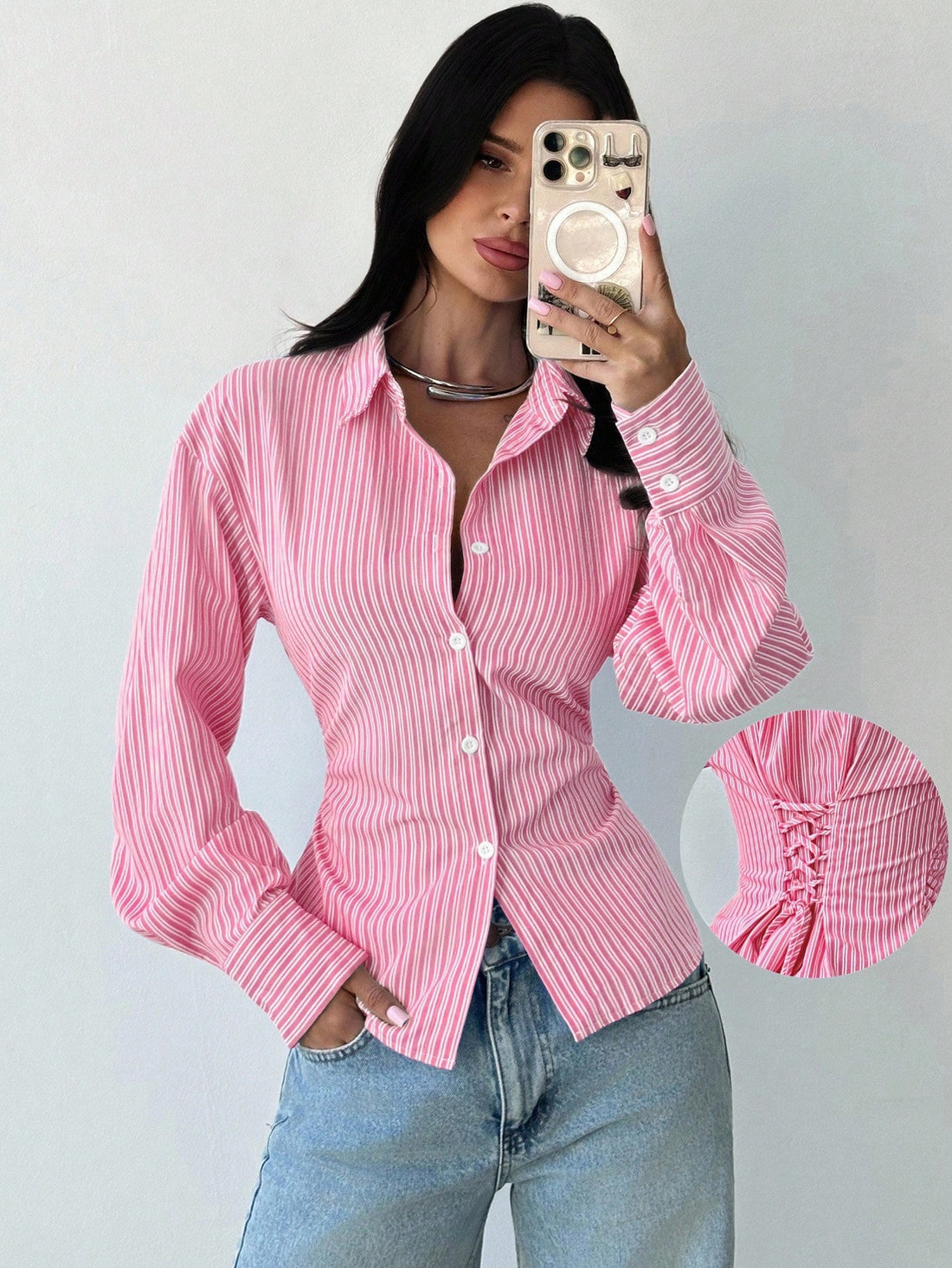 Women Pink Striped Corset Back Fitted Shirt with Long Sleeves
