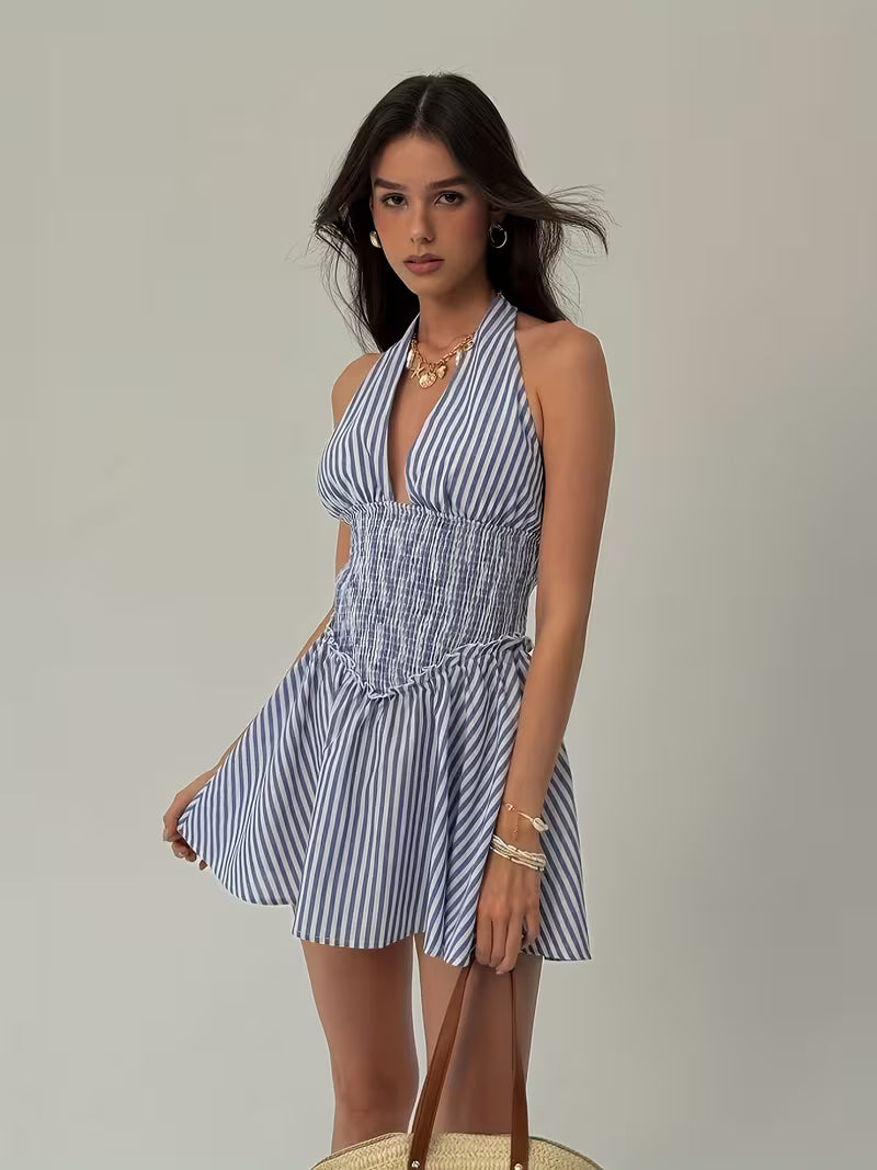 Blue & White Striped Halter Neck Backless Mini Dress for Women