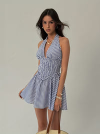 Blue & White Striped Halter Neck Backless Mini Dress for Women
