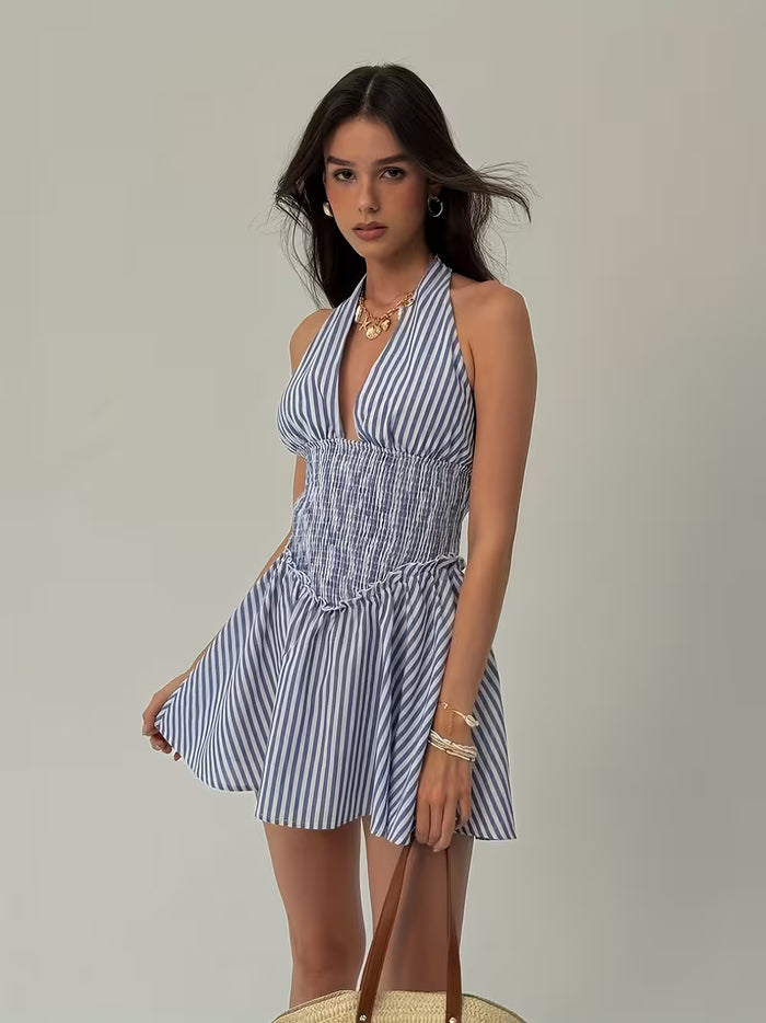 Blue & White Striped Halter Neck Backless Mini Dress for Women