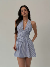 Blue & White Striped Halter Neck Backless Mini Dress for Women