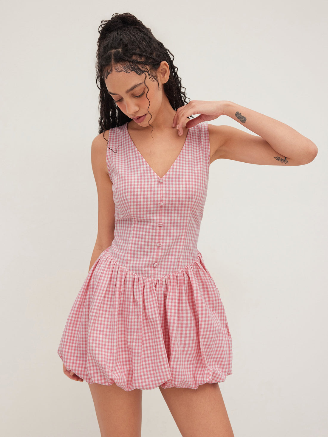 Pink Gingham Bubble Hem Mini Dress for Women – Sleeveless V-Neck Summer Fit & Flare Dress