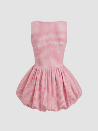 Pink Gingham Bubble Hem Mini Dress for Women – Sleeveless V-Neck Summer Fit & Flare Dress