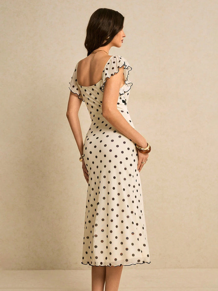 Vintage-Inspired Polka Dot Flutter-Sleeve Midi Dress