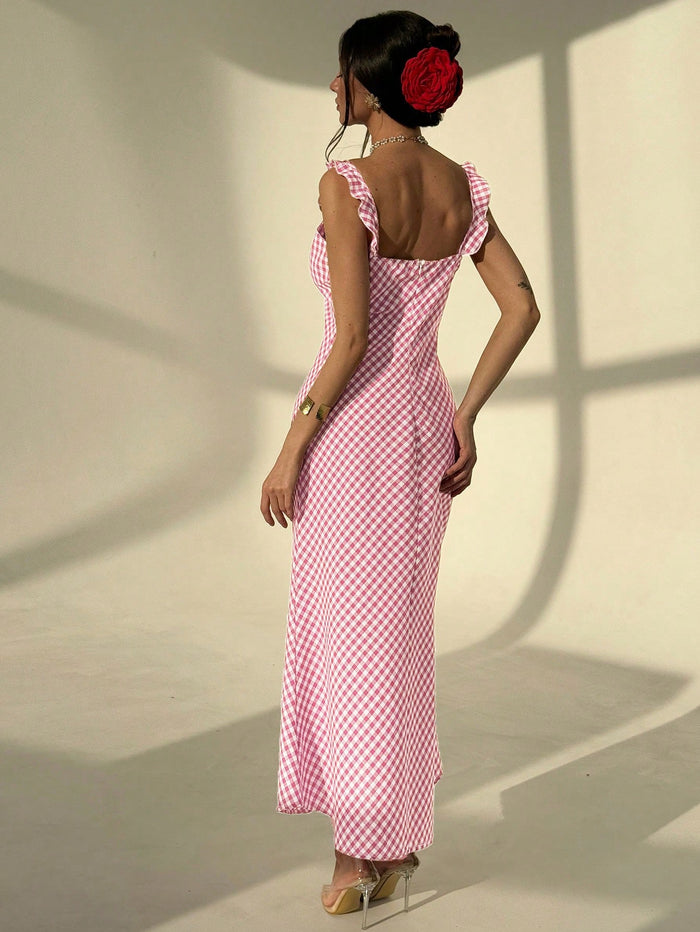 Elegant Ruffle Trim Plaid Sleeveless Dress