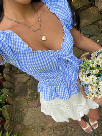 Blue Gingham Puff Sleeve Smocked Peplum Top for Women