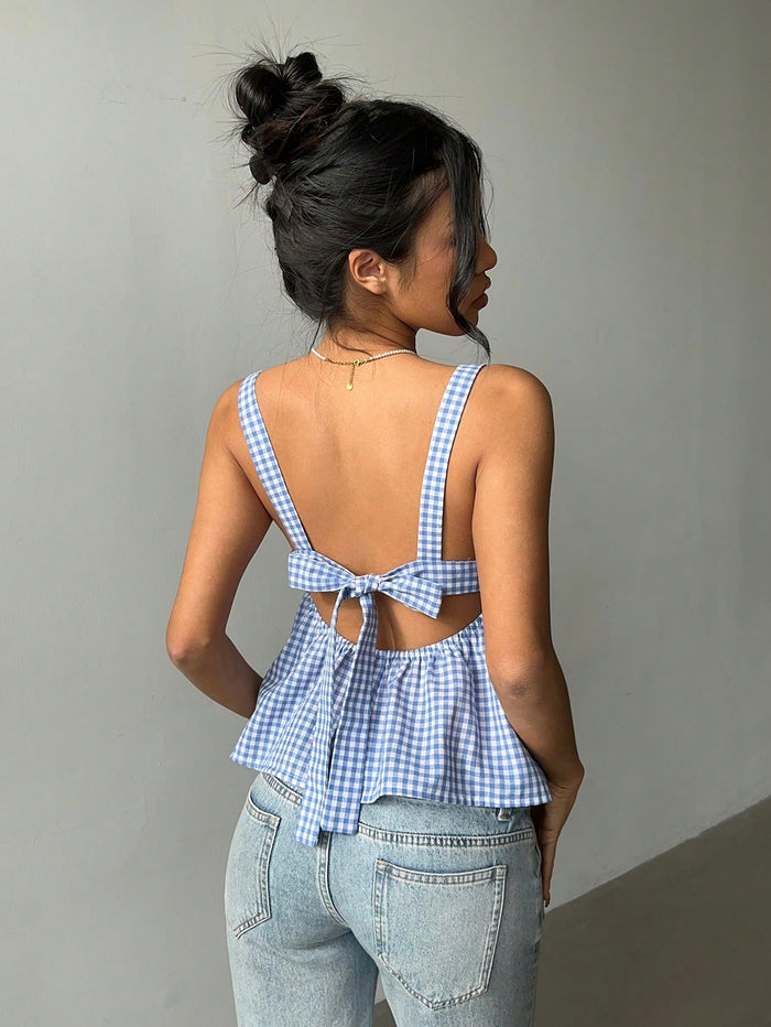 Blue Gingham Back Tie Peplum Cami Top for Women