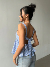 Blue Gingham Back Tie Peplum Cami Top for Women