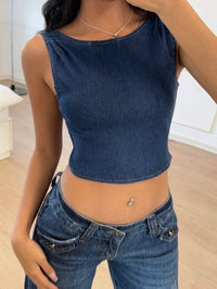 Dark Wash Denim Bow Back Crop Top for Women