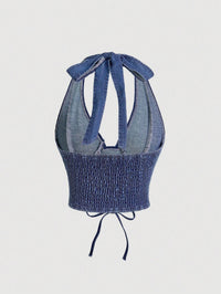 Dark Wash Denim Lace-Up Halter Crop Top for Women