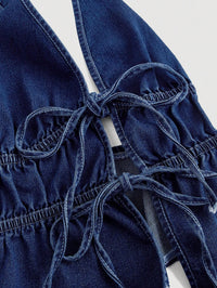 Dark Wash Denim Halter Lace-Up Crop Top for Women