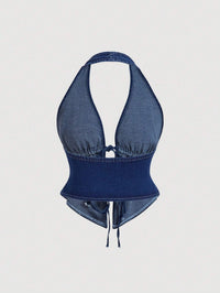 Dark Wash Denim Halter Lace-Up Crop Top for Women