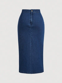 Dark Wash Denim Ruched Midi Skirt for Women