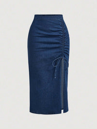 Dark Wash Denim Ruched Midi Skirt for Women