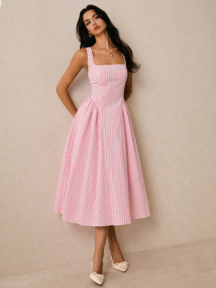 Pink Gingham Fit & Flare Midi Dress for Women – Square Neck Summer A-Line Dress