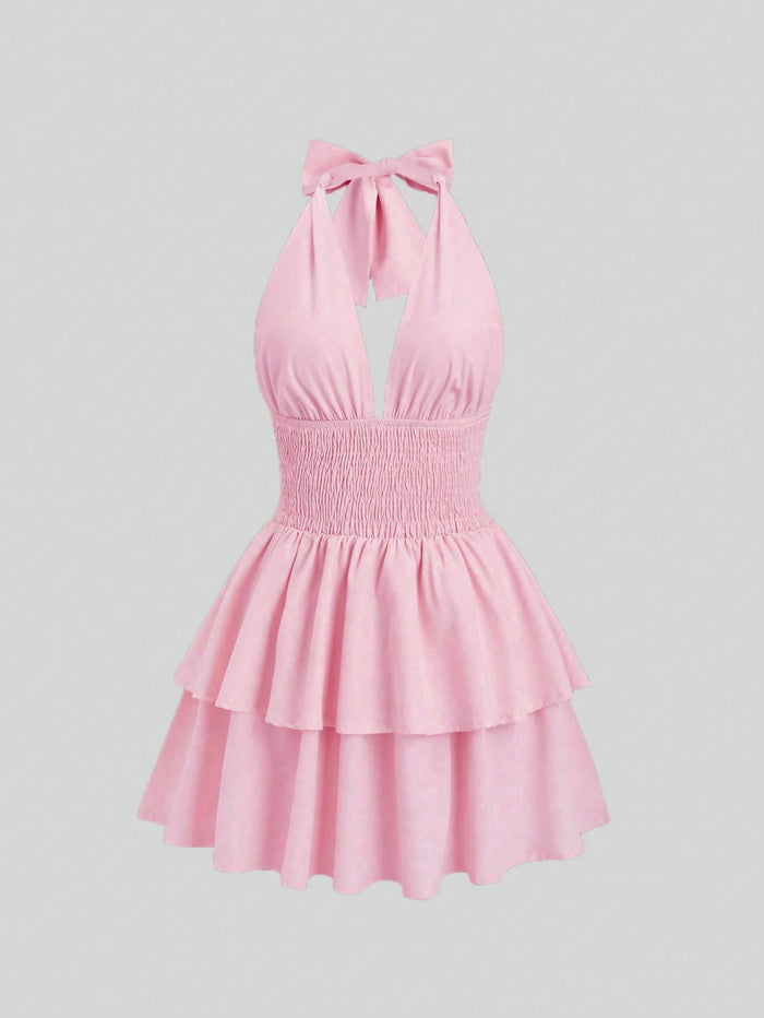 Baby Pink Halter Mini Dress for Women – Smocked Waist Tiered Flare Dress