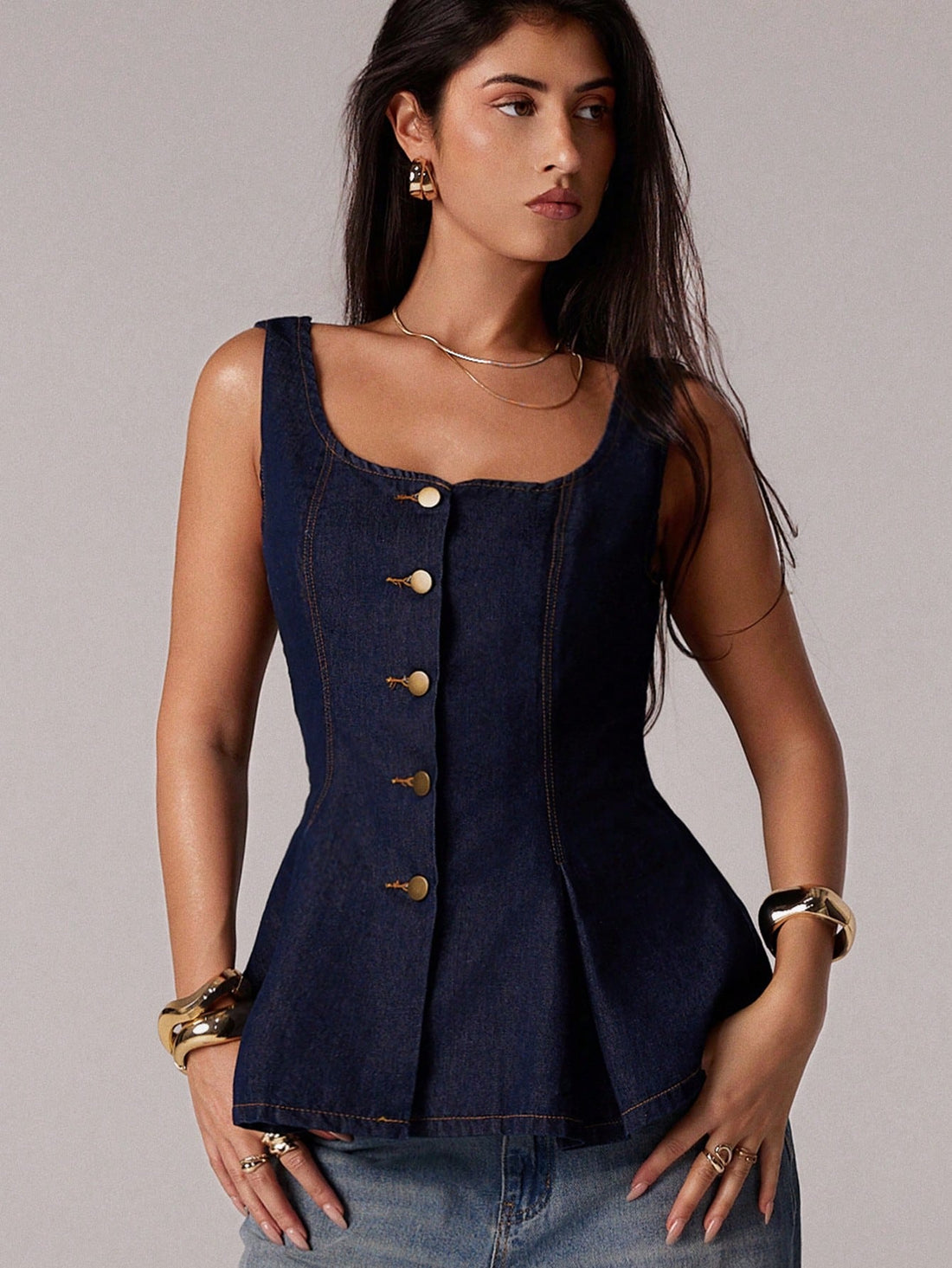 Denim Peplum Top with Button Up