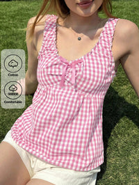 Pink Gingham Bow Babydoll Top