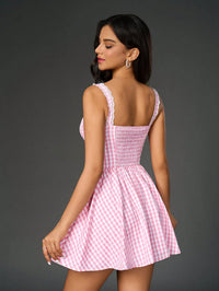 Pink Gingham Lace Bodycon Dress