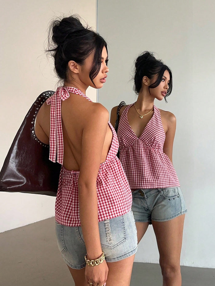 Red Plaid Halter Neck Top