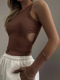 Chocolate Brown Side Cut-Out Ribbed Crop Tank Top