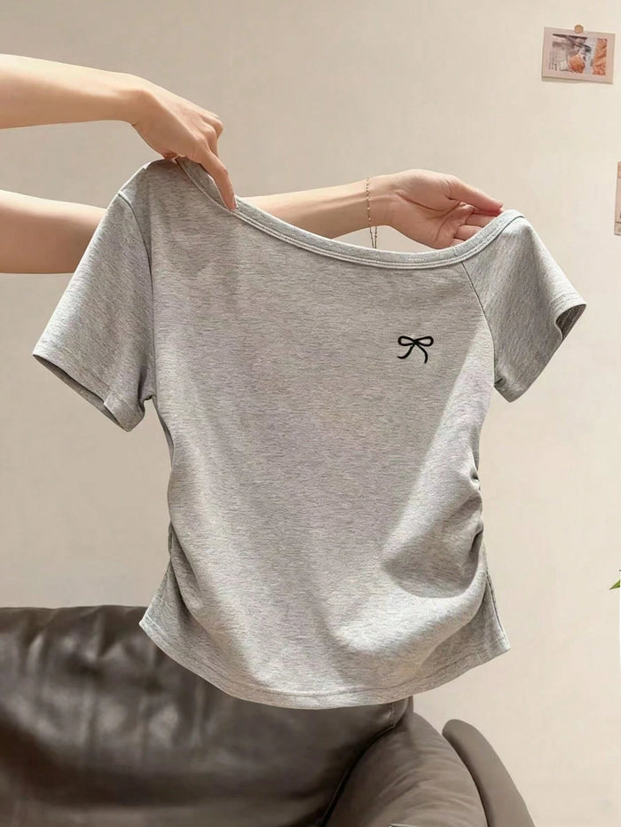 Soft Grey Bow Detail Relaxed Fit T-Shirt
