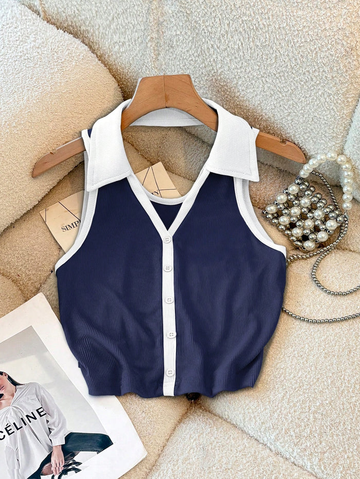 Navy Blue Contrast Collar Ribbed Sleeveless Crop Top