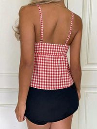 Red & White Plaid Lace Trim Camisole Top