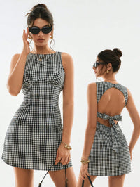 Black Plaid Backless Mini Dress