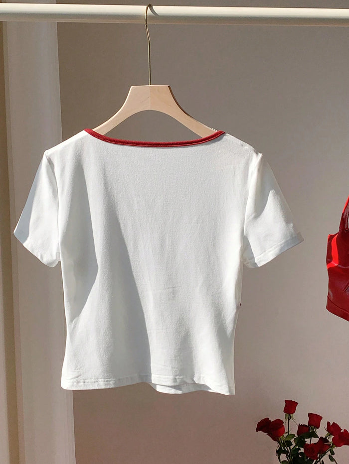 White & Red Contrast Bow T-Shirt