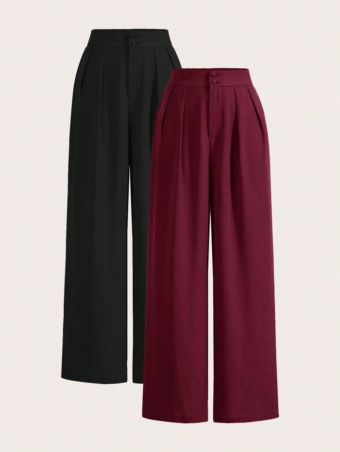 Women's High Waist Wide Leg Trousers – Formal Straight Fit Palazzo Pants (Black & Maroon)