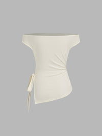 Women's Off-Shoulder Asymmetrical Ribbed Top - Elegant Cream Side-Tie Blouse